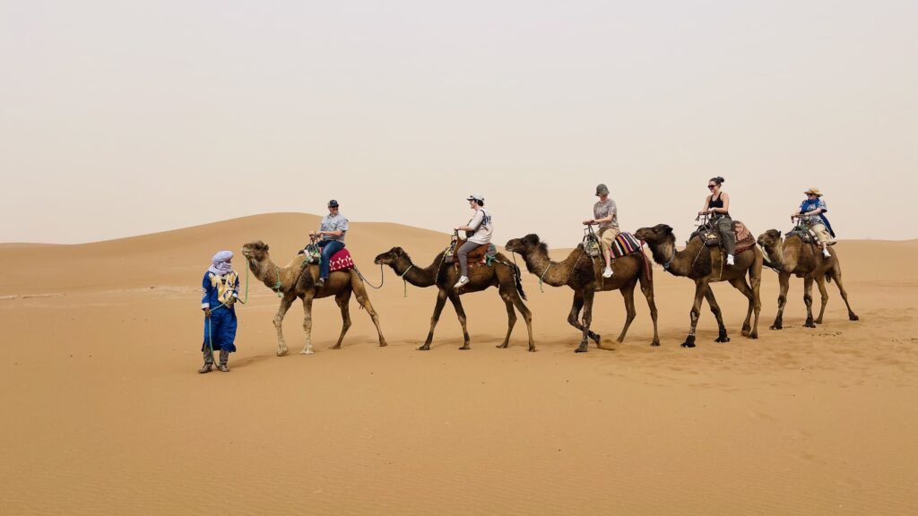 Five riders on camels led by a guide across the dunes