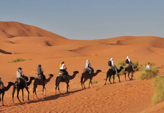 Riders on camels crossing orange dunes with a guide walking beside them